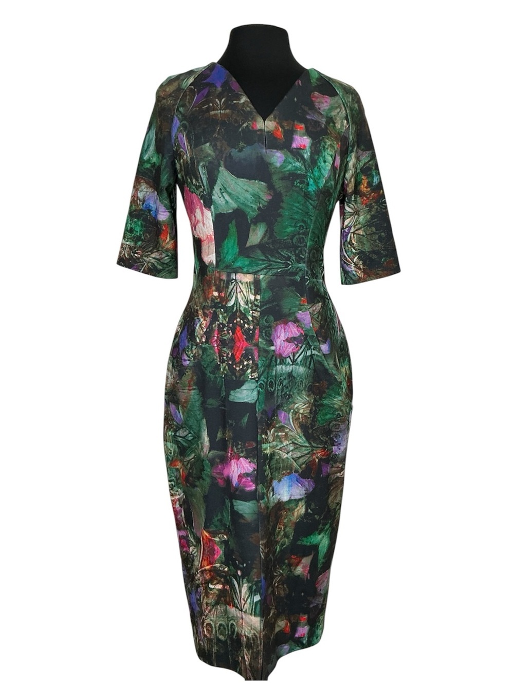 Ted Baker Floral Green Sheath Dress with V-Neck Size 3 - Picture 3 of 16